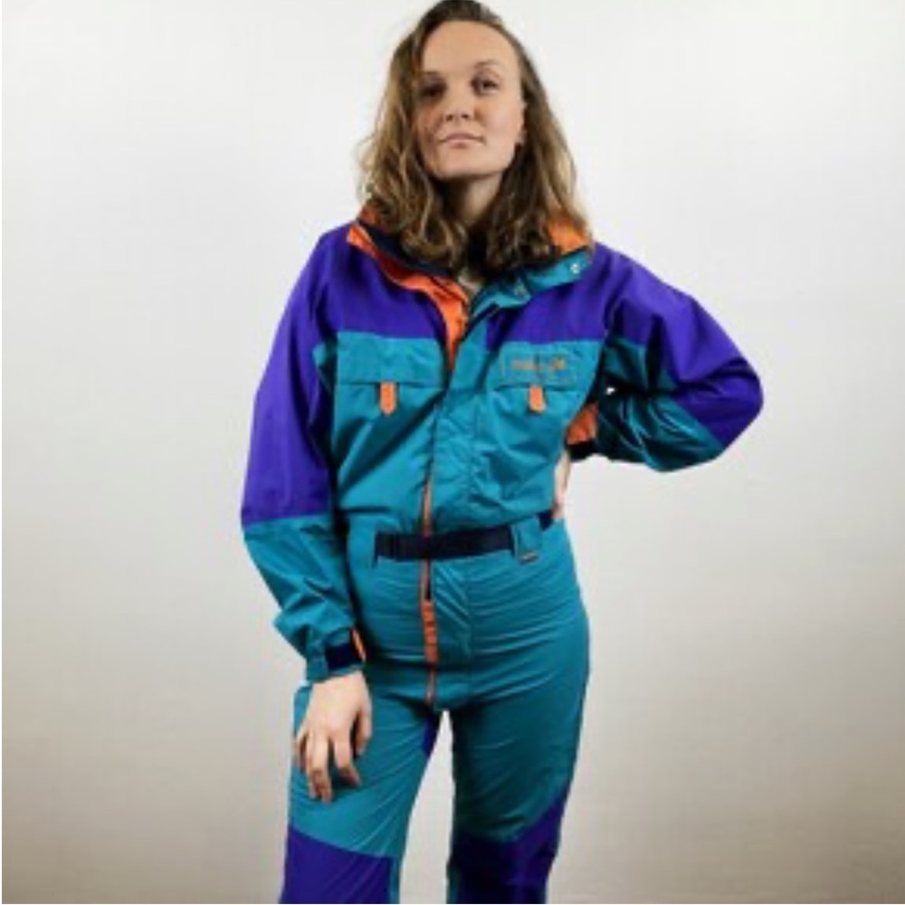 Vintage Turquise Blue One Piece Ski Suit Green Purple Colorblock Snowsuit Size S - Picture 1 of 1